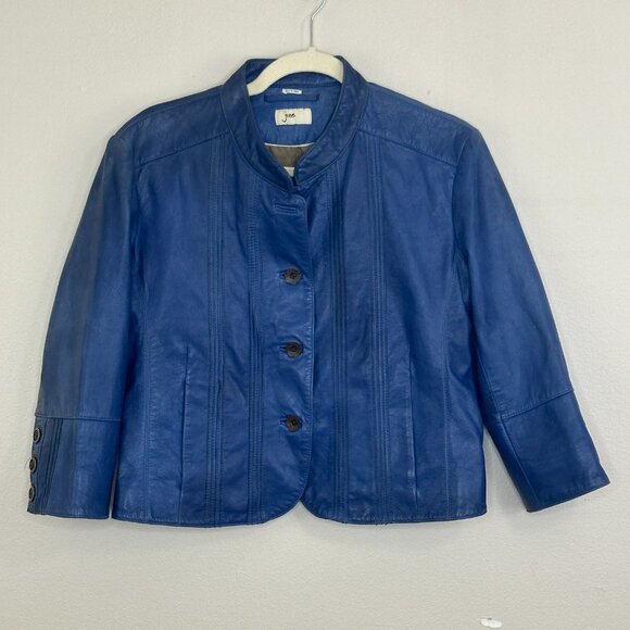 Anthropologie JUNE Handcrafted Medium Blue Cropped 3/4 Sleeve Leather Jacket L - Picture 12 of 12